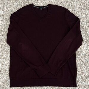 Express Men's Deep Burgundy V-Neck Sweater - XL